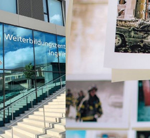 Titelbild des Flyers: Collage mit Gebäude weiterbildungszentrum Ingelheim, Fotoalbum mit z.B. ausgebranntem Auto und Feuerwehrmenschen