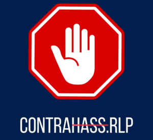 Schild mit Hand, die Stopp signalisiert, darunter CONTRAHASS.RLP